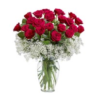 24 red roses in vase